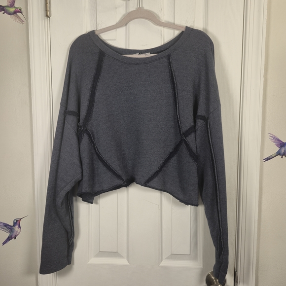 Vasana Tops - VASNA Italy Blue Raw Hem Exposed Seam Boxy Lagenlook Cropped Sweatshirt L